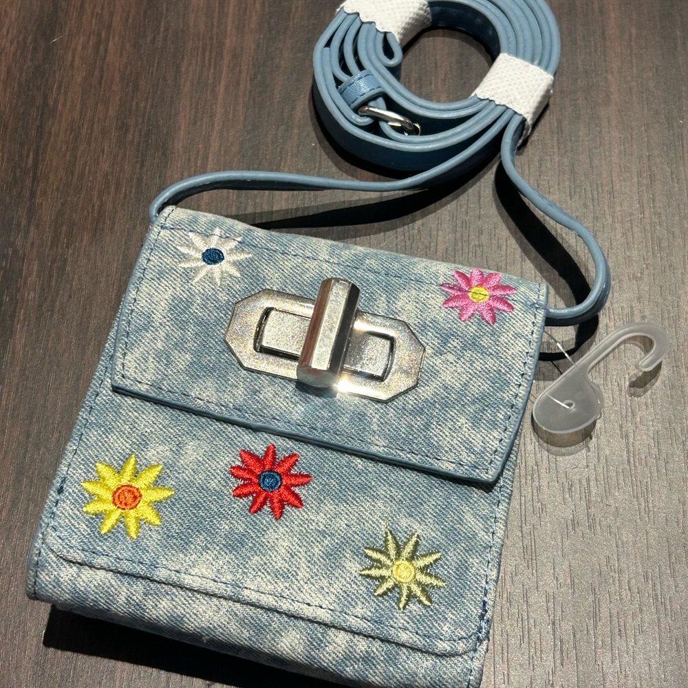 Blue Embroidered Crossbody Bag with Adjustable Strap